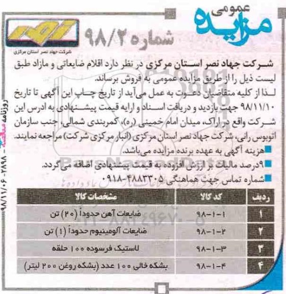 مزایده , مزایده فروش اقلام ضایعاتی و مازاد