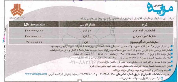 مزایده ، مزایده ضایعات براده آهن، ضایعات براده چدن و ...