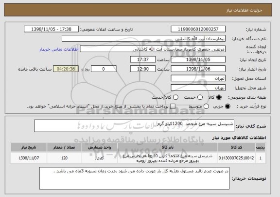 استعلام شنیسل سینه مرغ منجمد  1200کیلو گرم 