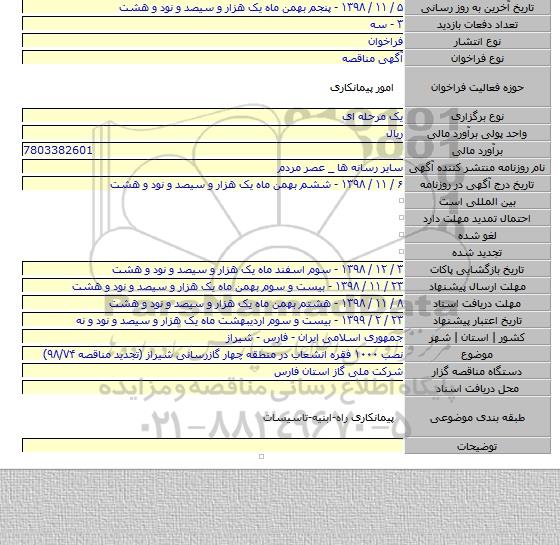 نصب ۱۰۰۰ فقره انشعاب در منطقه چهار گازرسانی شیراز (تجدید مناقصه ۹۸/۷۴)