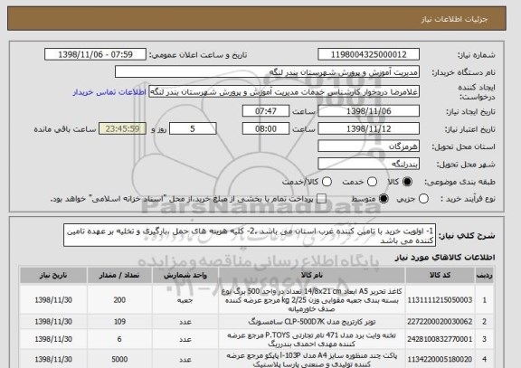 استعلام 1- اولویت خرید با تامین کننده غرب استان می باشد .2- کلیه هزینه های حمل ،بارگیری و تخلیه بر عهده تامین کننده می باشد 