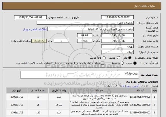 استعلام لوازم خوابگاه 