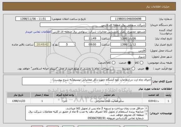 استعلام اجرای چاه ارت در ارتفاعات کوه آتشگاه جهت دکل مخابراتی بیسیم(به شرح پیوست)