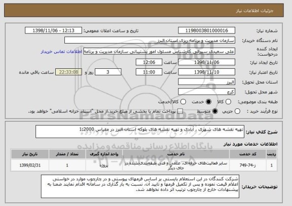 استعلام تهیه نقشه های شهری ، آبادی و تهیه نقشه های بلوکه استان البرز در مقیاس 1:2000 