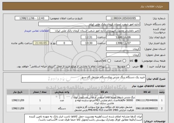 استعلام خرید یک دستگاه دیگ چدنی ویکدستگاه مشعل گاز سوز