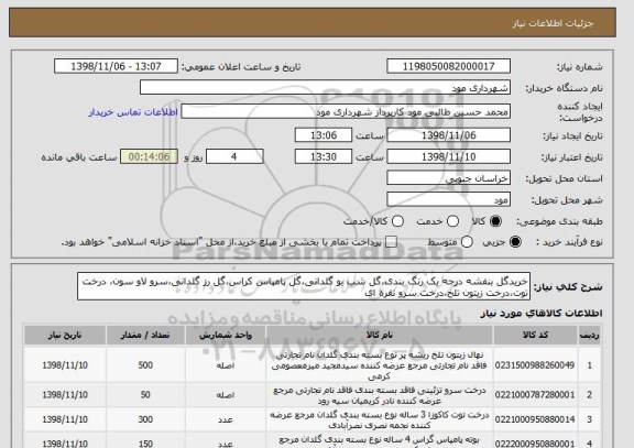 استعلام خریدگل بنفشه درجه یک رنگ بندی،گل شب بو گلدانی،گل پامپاس کراس،گل رز گلدانی،سرو لاو سون، درخت توت،درخت زیتون تلخ،درخت سرو نقره ای