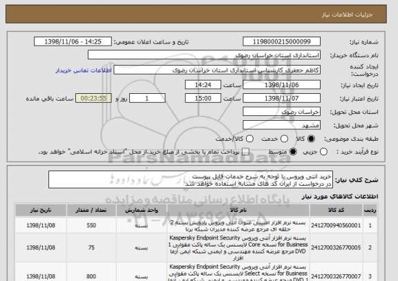 استعلام خرید انتی ویروس با توجه به شرح خدمات فایل پیوست 
در درخواست از ایران کد های مشابه استفاده خواهد شد 