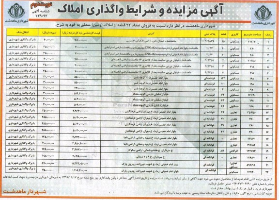 مزایده ,  مزایده فروش 22 قطعه زمین با کاربری مسکونی و تجاری نوبت دوم 