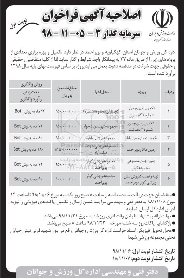 اصلاحیه فراخوان , فراخوان سرمایه گذار جهت تکمیل و بهره برداری