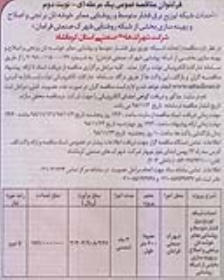 فراخوان مناقصه عمومی , فراخوان مناقصه احداث شبکه توزیع برق فشار متوسط .... نوبت دوم 