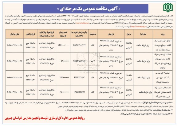 مناقصه عمومی, مناقصه احداث 2 باب مدرسه یک کلاسه و ...
