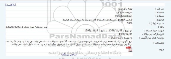 مزایده, مزایده فروش اقلام نو، مستعمل و اسقاط مازاد بر نیاز