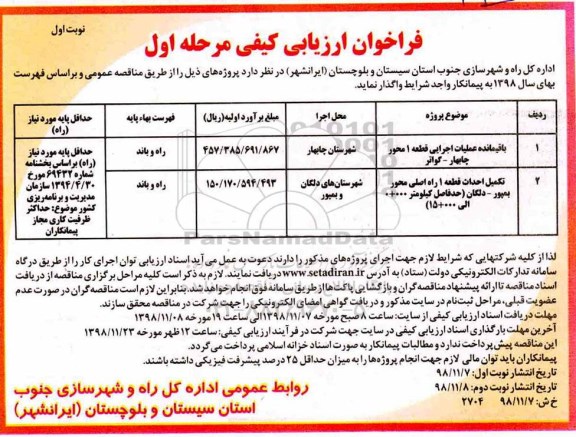 فراخوان مناقصه عمومی یک مرحله ای ,فراخوان  باقیمانده عملیات اجرایی قطعه 1