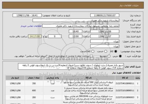 استعلام شیور یکبار مصرف/ ست ارولوژی / سوند نلاتون سبز/ ایروی شماره 4/درن پن رز یک اینچ/سوند فولی 2 راهه شماره 14/ سوند فولی 2 راهه شماره 16/ایروی شماره /3