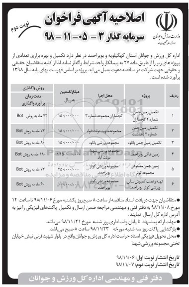 اصلاحیه فراخوان , فراخوان سرمایه گذار جهت تکمیل و بهره برداری- نوبت دوم 