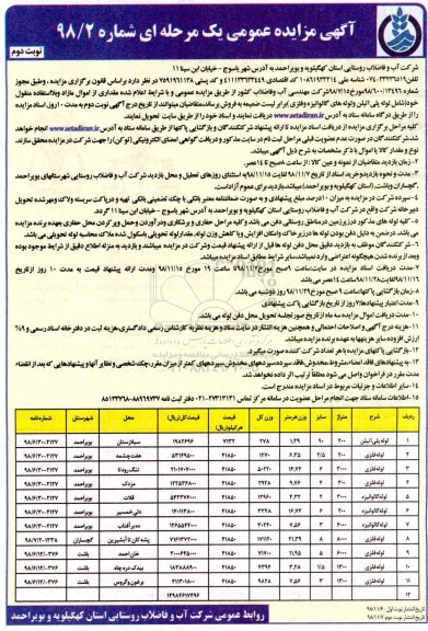 مزایده، مزایده فروش اموال مازاد و بلااستفاده منقول شامل لوله پلی اتیلن و لوله های گالوانیزه و فلزی - نوبت دوم 