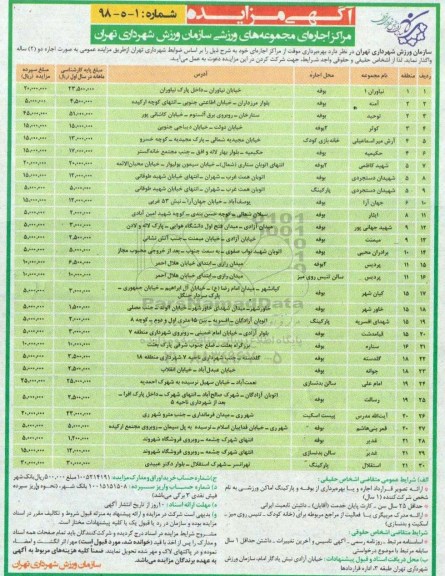 آگهی مزایده , مزایده مراکز اجاره ای مجموعه های ورزشی