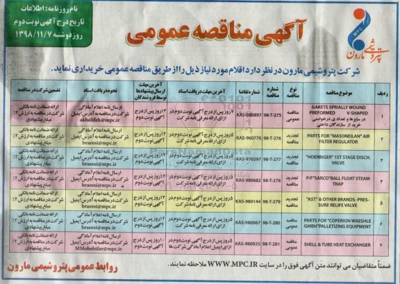مناقصه، مناقصه GAKETS SPRIALLY WOUDN PREFORMED و...- نوبت دوم