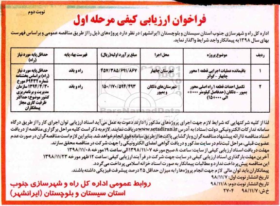فراخوان مناقصه عمومی یک مرحله ای ,فراخوان  باقیمانده عملیات اجرایی قطعه 1...- نوبت دوم 