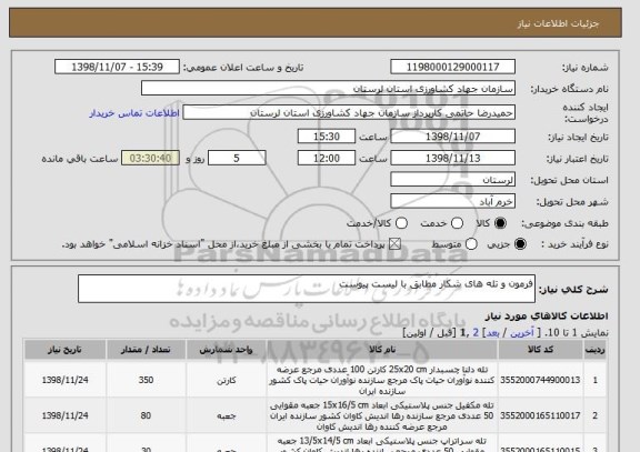 استعلام فرمون و تله های شکار مطابق با لیست پیوست