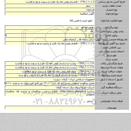 تجدید مناقصه عمومی دو مرحله ای  خرید ۱۳۰۰۰ متر کابل فیبر نوری به شماره ۱۱۰-۹۸