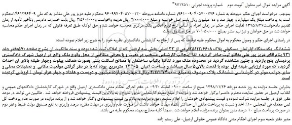 مزایده، مزایده فروش ششدانگ یکدستگاه اپارتمان مسکونی پلاک 25113/6608فرعی از 33 اصلی  -نوبت دوم