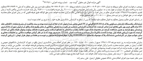 مزایده، مزایده فروش ششدانگ یکدستگاه اپارتمان مسکونی پلاک 25113/6608فرعی از 33 اصلی  -نوبت دوم