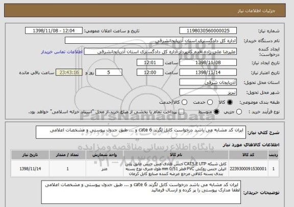 استعلام  ایران کد مشابه می باشد درخواست کابل لگرند cate 6 و ... طبق جدول پیوستی و مشخصات اعلامی 