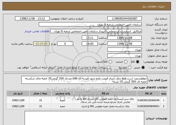 استعلام خواهشمند است فقط چای نادری قیمت داده شود.کیسه ای 100 عددی 200 گرمی15 جعبه-چای شکسته جعبه ای 500 گرمی 15 بسته