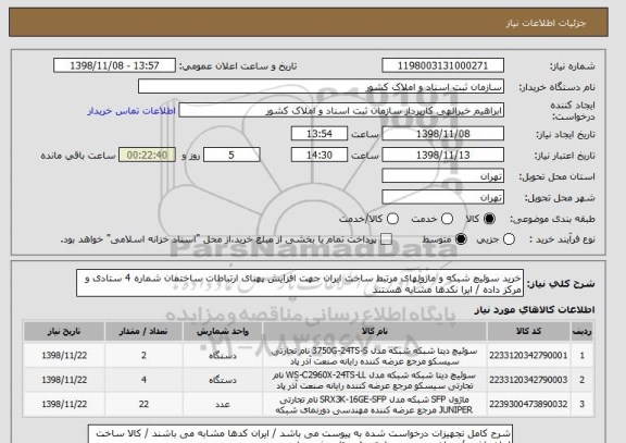 استعلام خرید سوئیچ شبکه و ماژولهای مرتبط ساخت ایران جهت افزایش پهنای ارتباطات ساختمان شماره 4 ستادی و مرکز داده / ایرا نکدها مشابه هستند