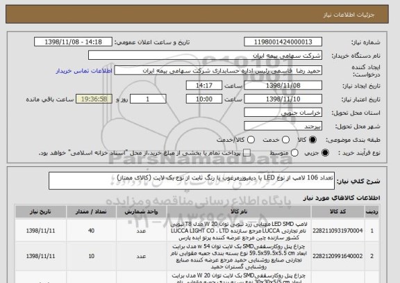 استعلام تعداد 106 لامپ از نوع LED با دیفیوزرمرغوب با رنگ ثابت از نوع بک لایت (کالای ممتاز)