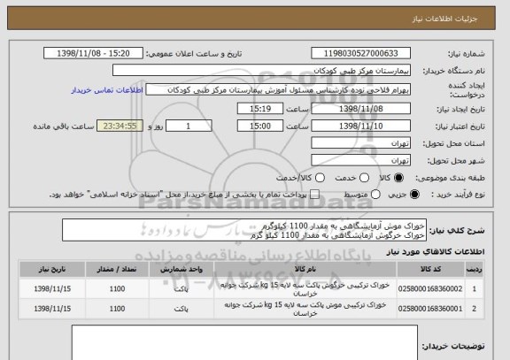 استعلام خوراک موش آزمایشگاهی به مقدار 1100 کیلوگرم
خوراک خرگوش آزمایشگاهی به مقدار 1100 کیلو گرم