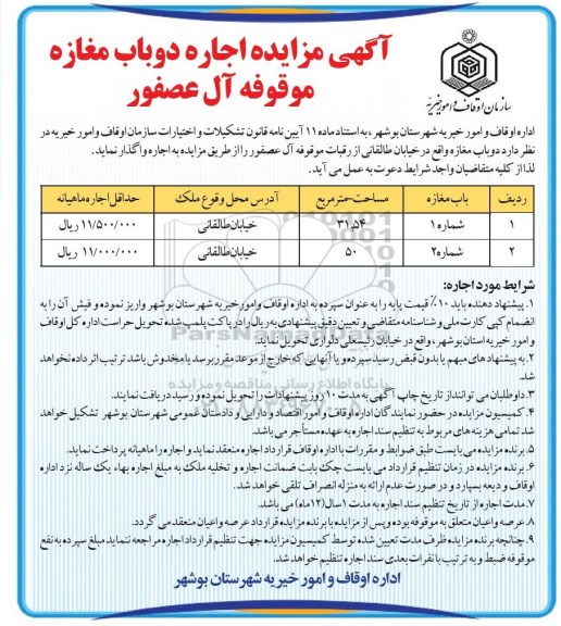 مزایده , مزایده اجاره دو باب مغازه