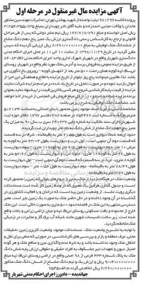 آگهی مزایده مزایده یک ممیز پنج دهم دانگ مشاع از ششدانگ ملک مرحله اول