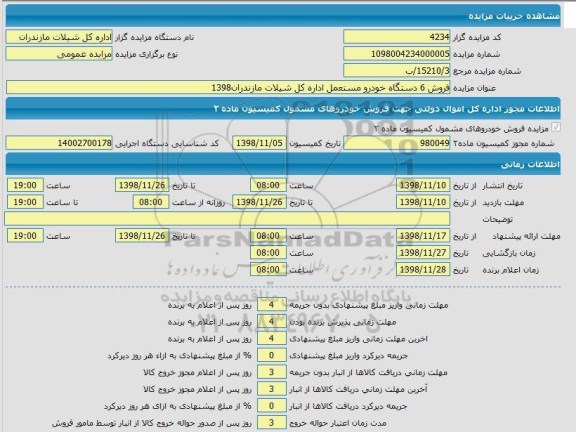 مزایده، مزایده فروش 6 دستگاه خودرو مستعمل اداره