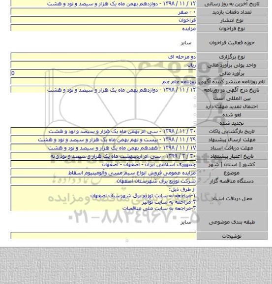 مزایده عمومی فروش انواع سیم مسی وآلومینیوم اسقاط