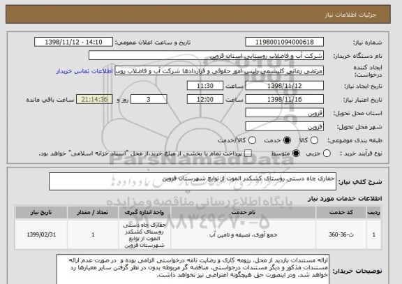 استعلام حفاری چاه دستی روستای کشکدر الموت از توابع شهرستان قزوین 