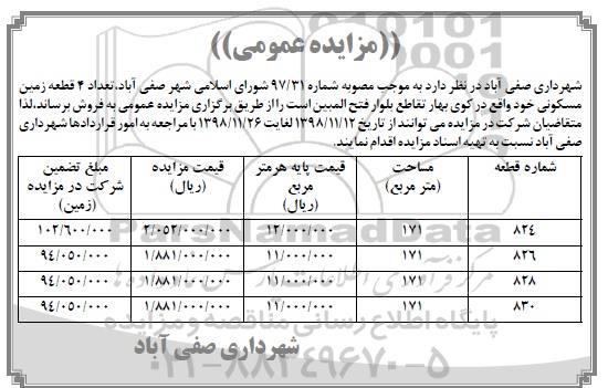 مزایده مزایده فروش 4 قطعه زمین مسکونی 