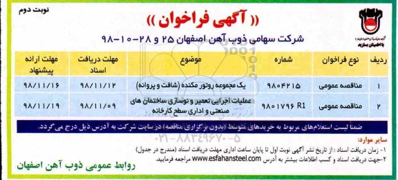 فراخوان , فراخوان مناقصه یک مجموعه روتور مکنده (شافت و پروانه)... نوبت دوم 