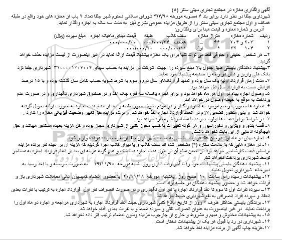مزایده ، مزایده واگذاری مغازه در مجتمع تجاری