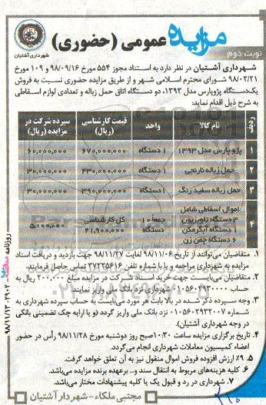آگهی مزایده, مزایده فروش پژو پارس- نوبت دوم