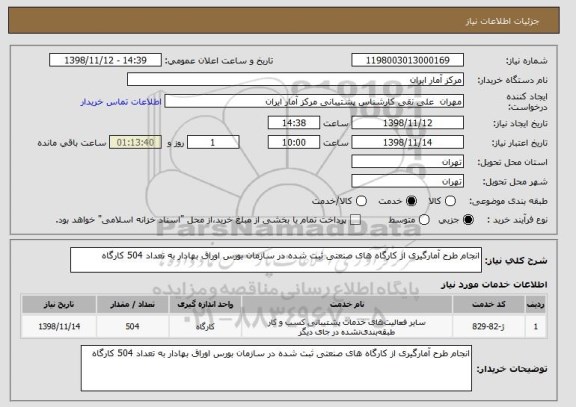 استعلام انجام طرح آمارگیری از کارگاه های صنعتی ثبت شده در سازمان بورس اوراق بهادار به تعداد 504 کارگاه