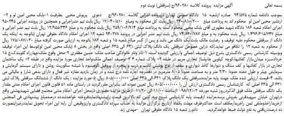 مزایده، مزایده فروش سرقفلی یک دانگ پلاک ثبتی 631 الی 635 اصلی -نوبت دوم
