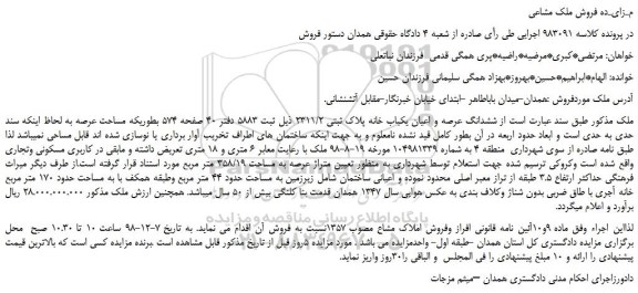مزایده، مزایده فروش ششدانگ عرصه و اعیان یکباب خانه پلاک ثبتی 2311/2 