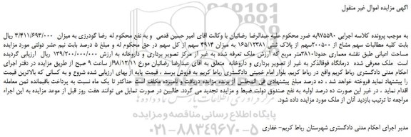 مزایده، مزایده فروش سهم مشاع از 200500سهم از پلاک ثبتی 165/12381 به میزان 4914 سهم از کل سهم