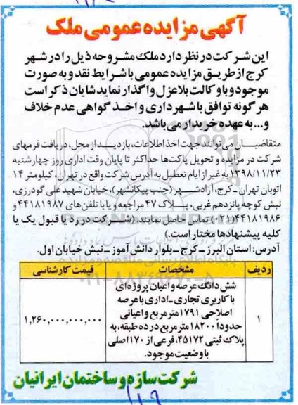 مزایده  مزایده واگذاری ملک با کاربری تجاری و اداری 