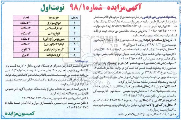 مزایده، مزایده تعدادی از خودروها و اقلام مستعمل مازاد