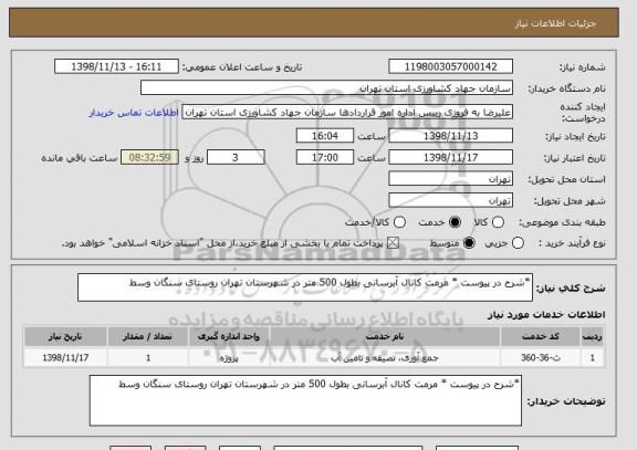 استعلام *شرح در پیوست * مرمت کانال آبرسانی بطول 500 متر در شهرستان تهران روستای سنگان وسط