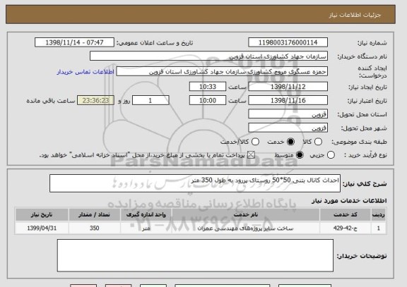 استعلام احداث کانال بتنی 50*50 روستای پررود به طول 350 متر