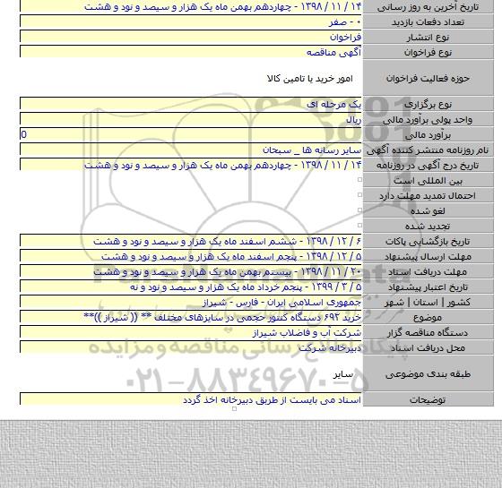 خرید ۶۹۲ دستگاه کنتور حجمی در سایزهای مختلف ** (( شیراز ))**